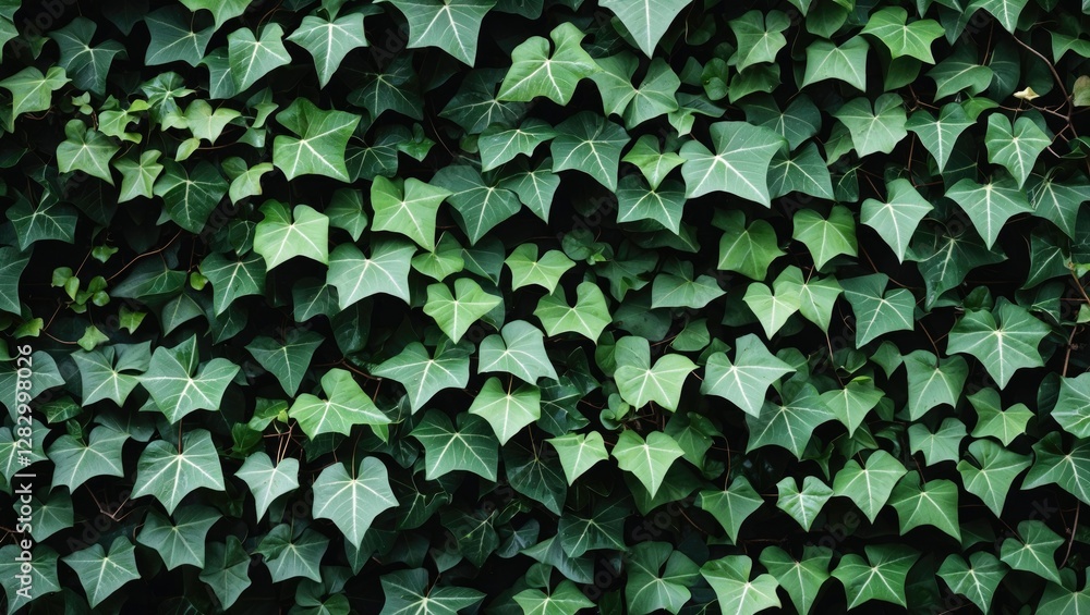 Poster green ivy leaves covering a wall in a dense pattern highlighting various shapes and sizes of foliage