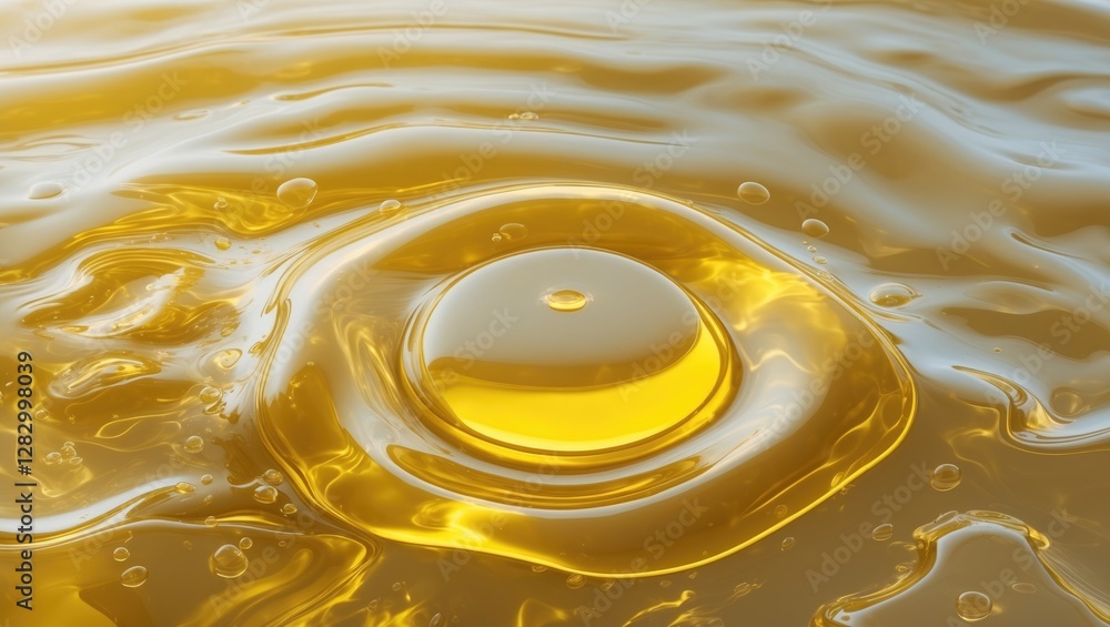 Poster golden yellow oil droplets gracefully floating on a smooth water surface creating abstract patterns 