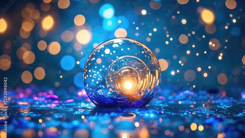 Poster abstract blue bokeh background featuring a reflective sphere illuminated by warm light creating a dr