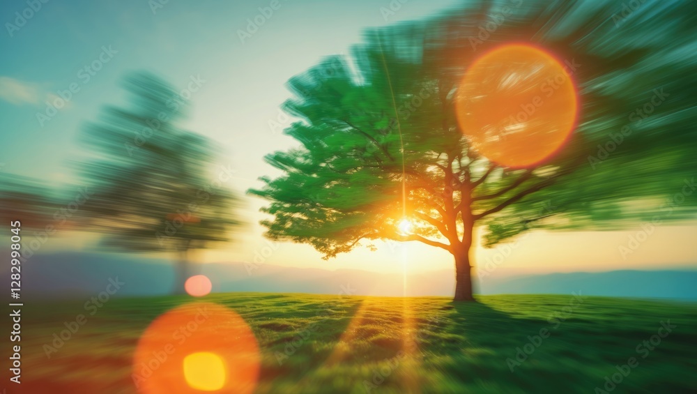 Poster abstract blur of a green tree illuminated by sunlight with lens flare, creating a serene and dreamy 