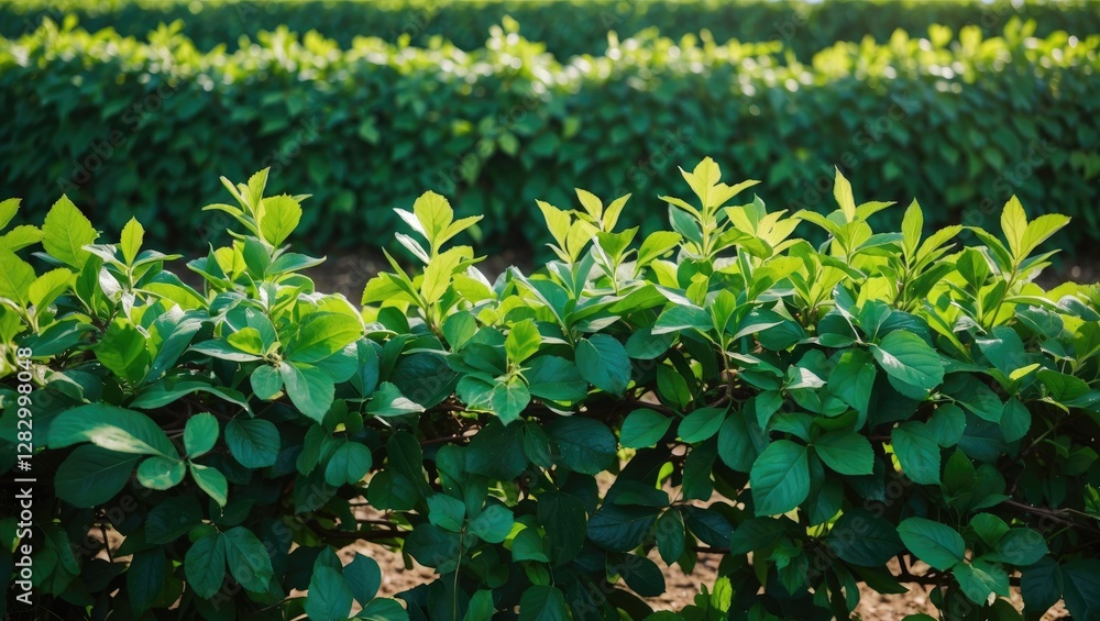 Poster green leaves of a bush in a well-maintained agricultural field during daylight hours with a blurred 