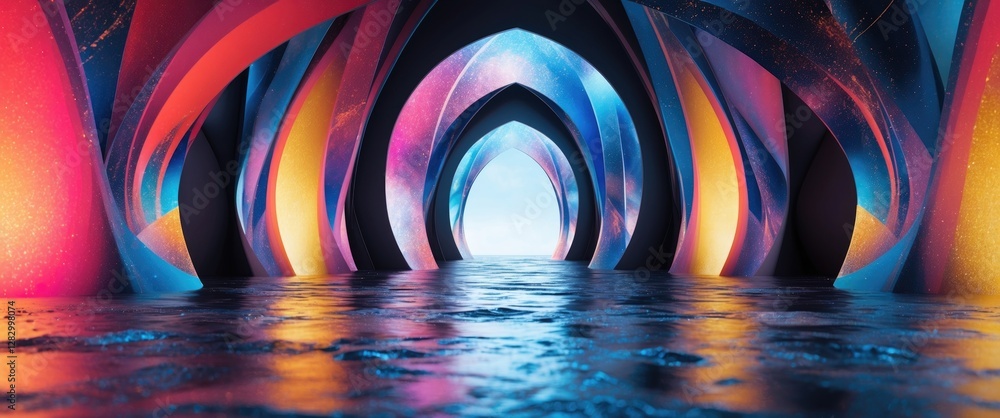 Poster vibrant abstract architectural passageway reflecting colorful light patterns on water surface in a s
