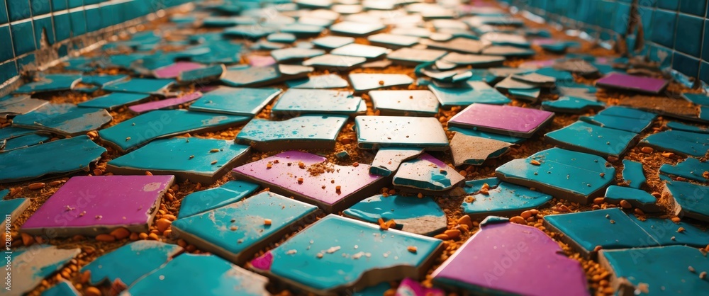 Poster colorful broken tiles on floor with blue and purple pieces scattered in disarray illuminated by soft