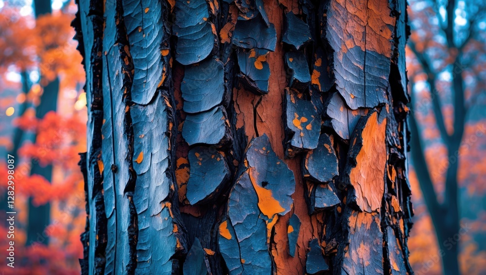 Poster close-up of charred bark on tree trunk with vivid orange and black textures surrounded by autumn fol