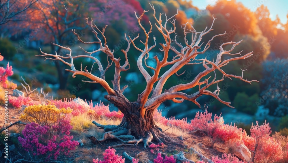 Poster gnarled tree with bare branches surrounded by colorful flowers on a hillside during sunset in a natu