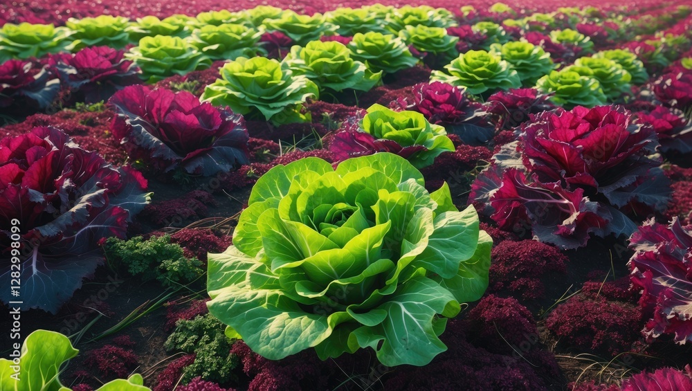 Poster vibrant rows of green and red lettuce in a large agricultural field under bright sunlight showcasing