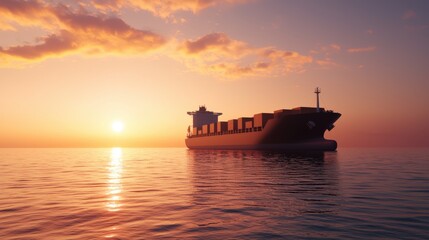 Fototapeta premium Container ship of ocean concept. Massive Container Ship Sailing at Sunset Through Calm Ocean Waves