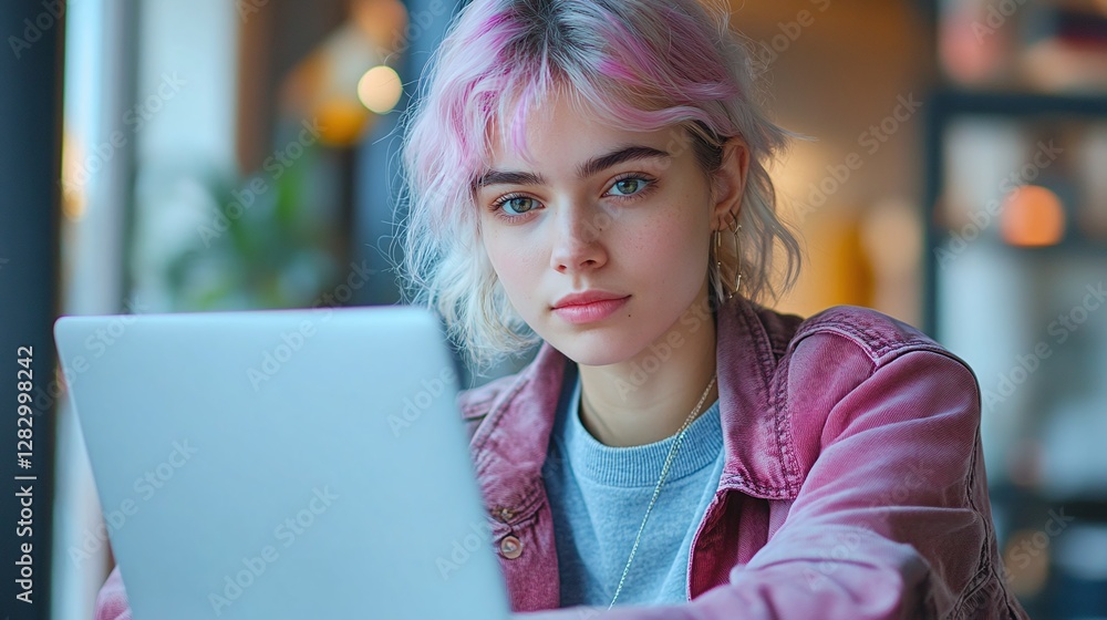 Poster focused non-binary person using laptop with serious expression, reflecting a productive attitude and