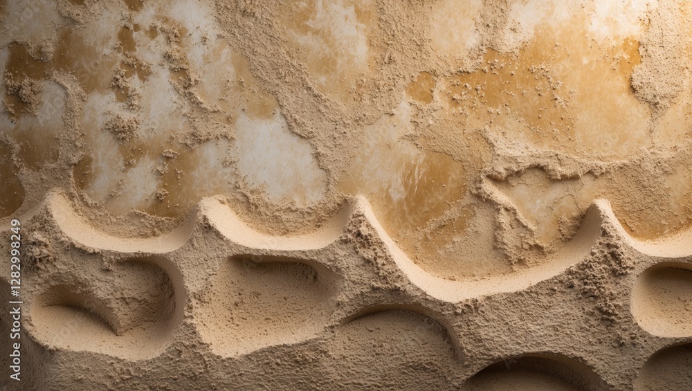 Poster Textured sandy surface with abstract patterns and variations in color and depth, showcasing natural erosion and layering effects.