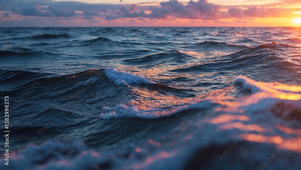 Poster close-up view of atlantic ocean waves reflecting sunset colors creating a serene and textured seasca