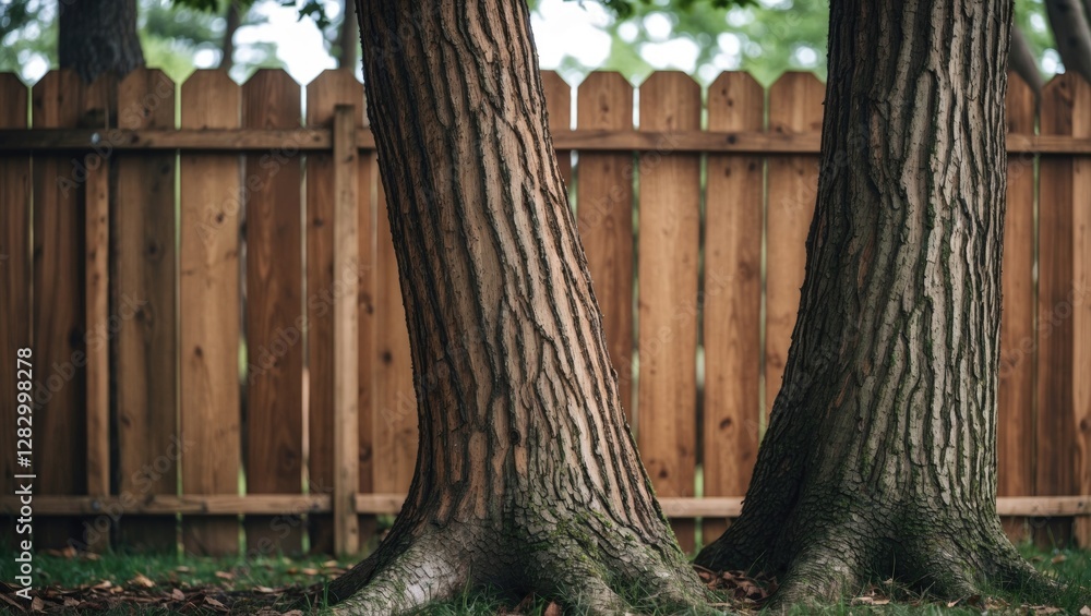 Aufkleber Close-up view of two large tree trunks with textured bark in front of a wooden fence in a natural setting