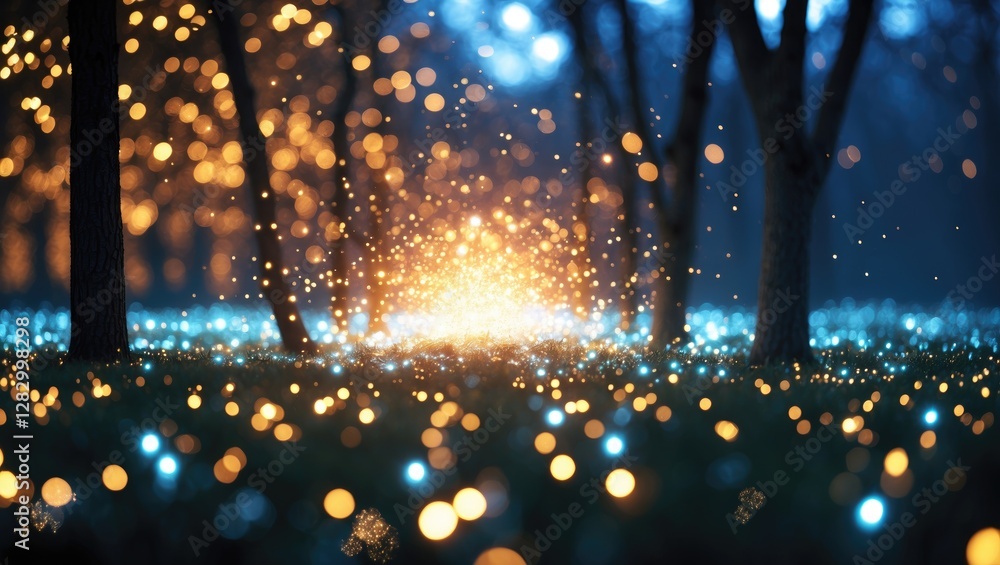 Poster enchanting abstract light burst among trees with vibrant bokeh lights creating a dreamy and blurred 