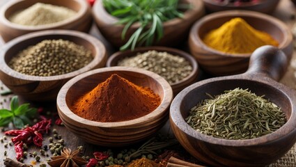 Fototapeta premium Variety of spices and herbs displayed in wooden bowls on rustic table with colorful spices and herbs in the foreground scattered around.