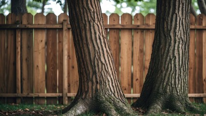 Obraz premium Close-up view of two large tree trunks with textured bark in front of a wooden fence in a natural setting
