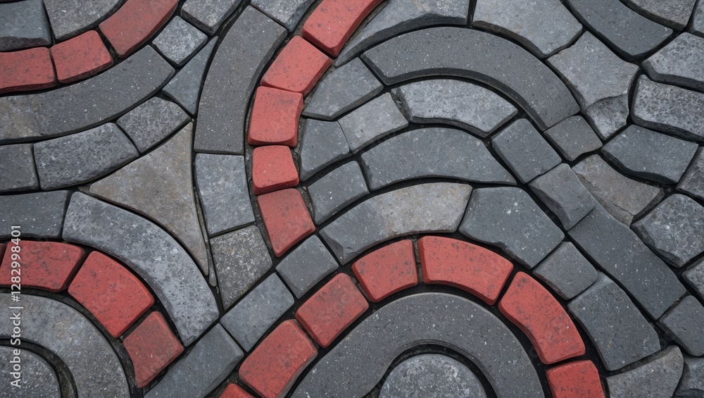 Poster Colorful patterned pavement with red and gray interlocking stones forming a wave design in a geometric layout.