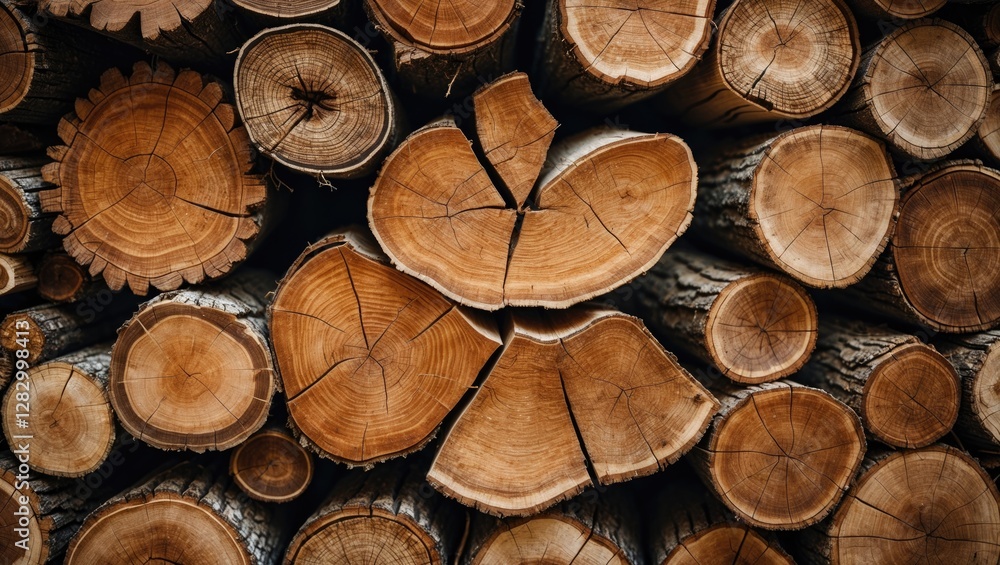 Poster Close-up of stacked tree logs showing natural wood textures and growth rings in a rustic setting