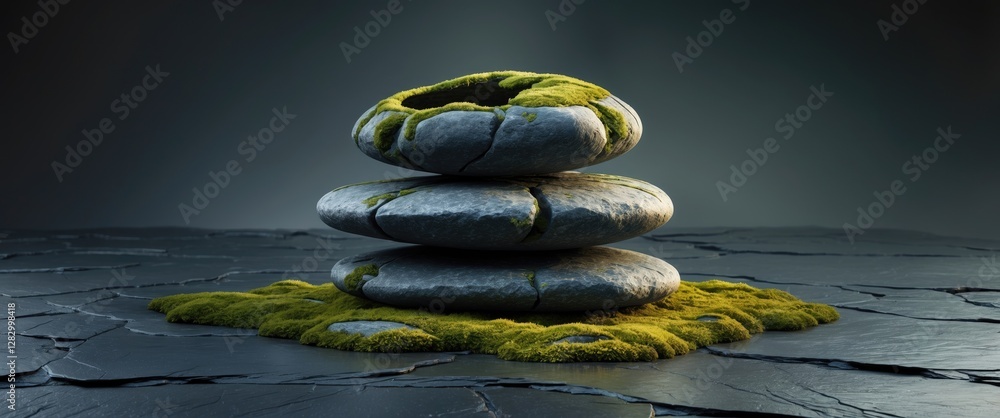 Poster Stacked stone structure with moss on a cracked surface in a dimly lit environment