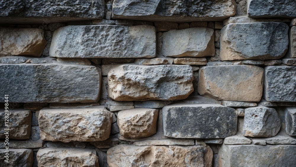 Aufkleber Gray stone wall texture made of irregularly shaped blocks in various sizes with visible rough surfaces and natural color variations