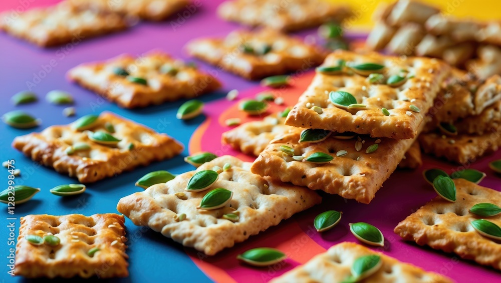 Poster savory crackers scattered on a colorful textured background with fresh herbs and seeds highlighting 