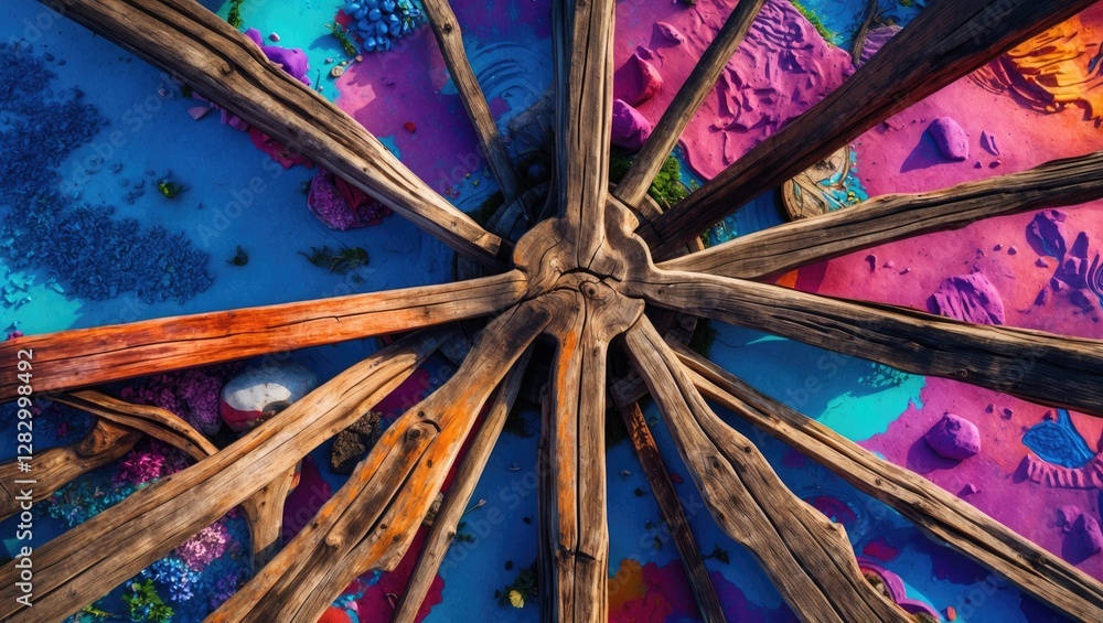 Aufkleber abstract colorful aerial view of wooden structure over vibrant underwater scene with coral and marin