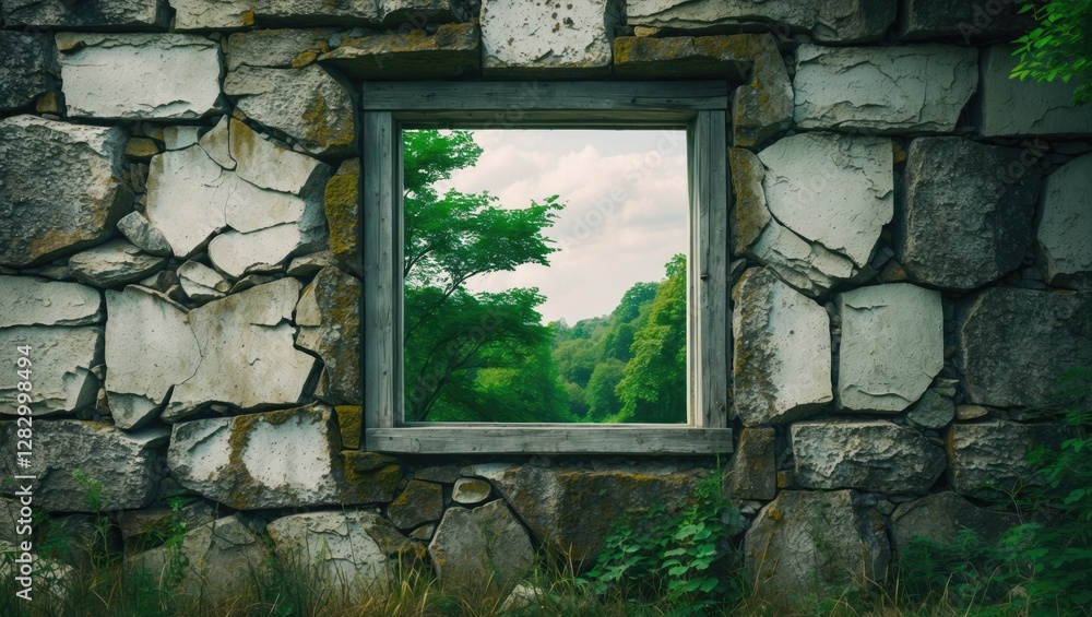 Poster abandoned stone wall with a window frame overlooking lush green trees and a cloudy sky in a rural la