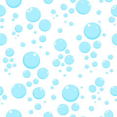 Seamless pattern with blue soap bubbles on white background. Vector illustration.