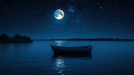 Moonlit lake scene with boat at night