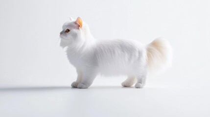 Fototapeta premium White long-haired cat with striking features on an isolated white background. Generative AI