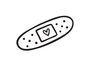 Hand drawn aid band plaster with heart care isolated on white background. doodle outline style