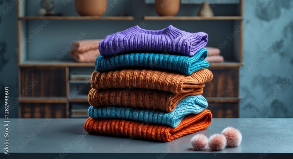 Aufkleber stack of colorful knitted sweaters on a gray table with decorative pom-poms and a stylish background