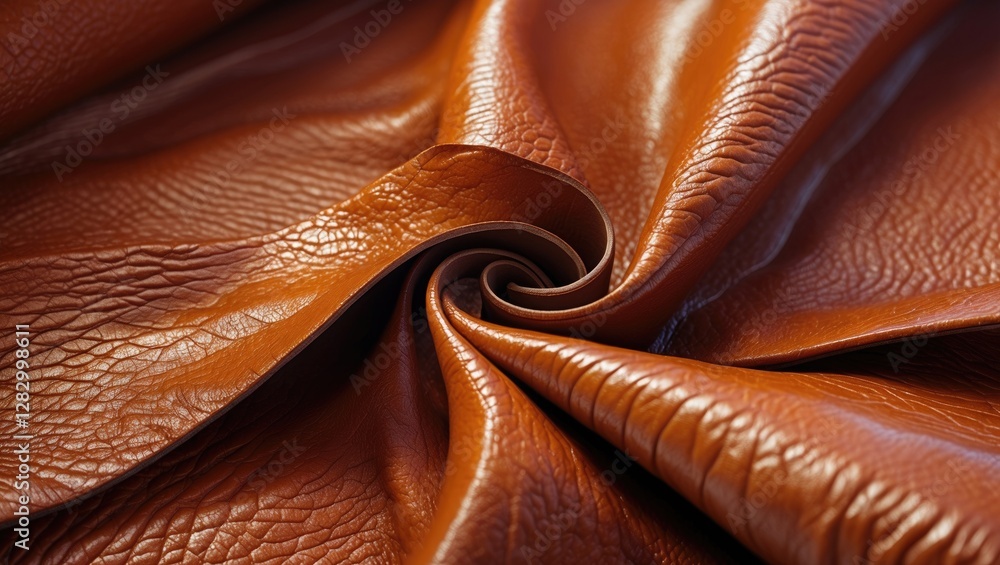 Poster close-up of folded brown leather texture with natural patterns and shiny finish in soft lighting