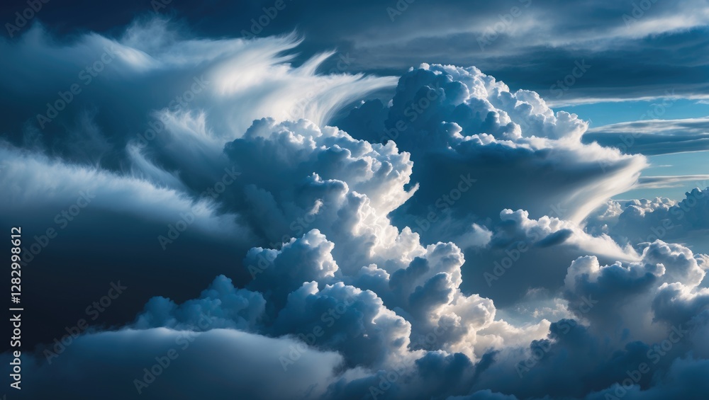 Poster dramatic cloud formations in the sky during twilight with varying shades of blue and white display c