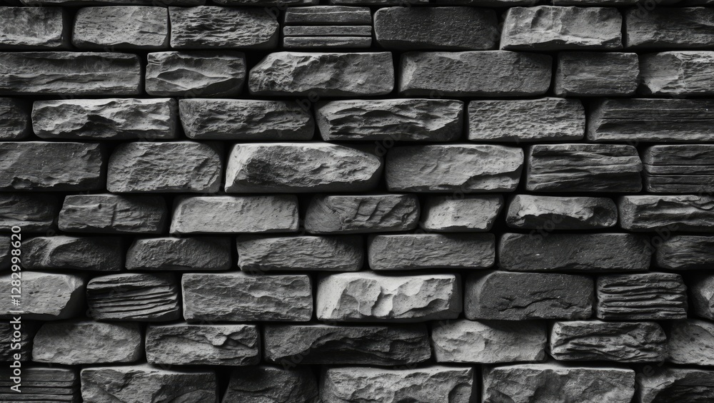 Poster dark textured stone wall with uneven surface and various shades of gray arranged in a brick pattern