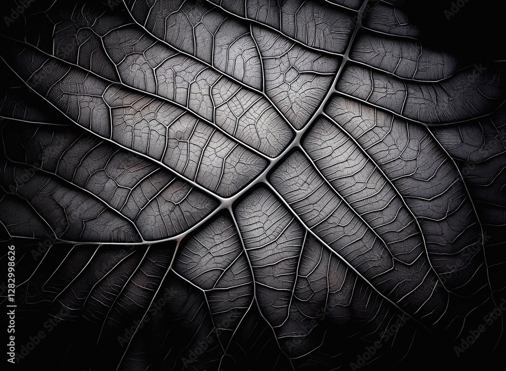 Poster detailed close-up of a leaf vein structure in dark tones. intricate patterns and textures create a n