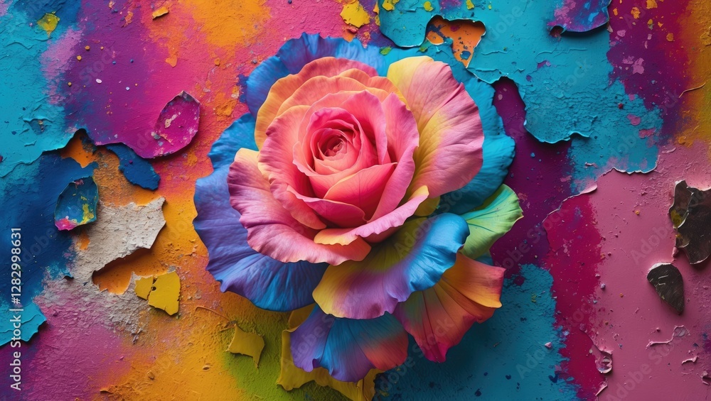 Poster vibrant abstract background with a colorful rose on a textured grunge surface creating a striking fl