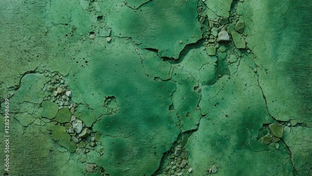 Poster textured green wall with cracks and peeling paint showing layers of different shades and surface imp