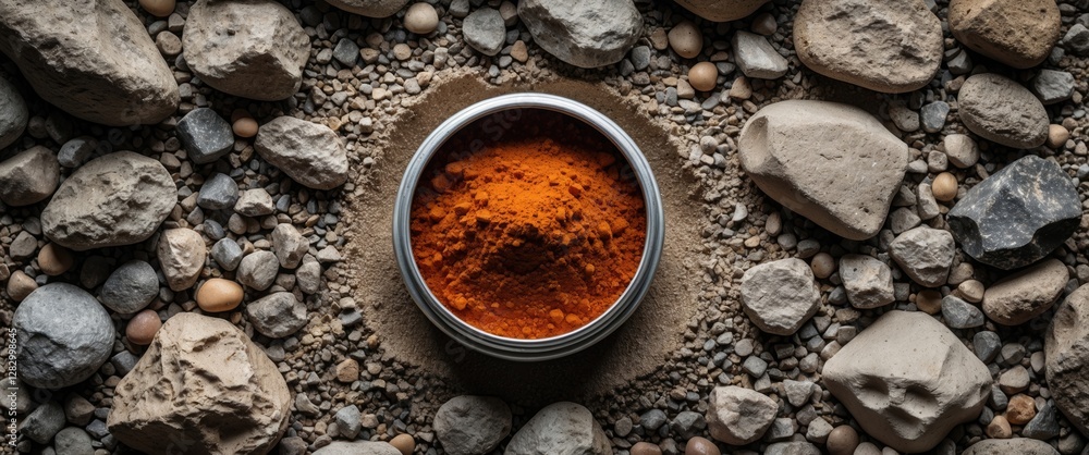Poster spice powder in metallic container surrounded by assorted stones and gravel on natural earth surface