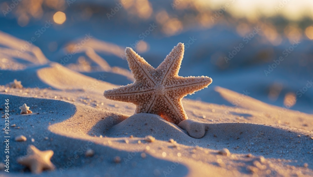 Poster Starfish resting on sandy beach with smooth dunes and soft sunlight in the background creating a tranquil coastal scene