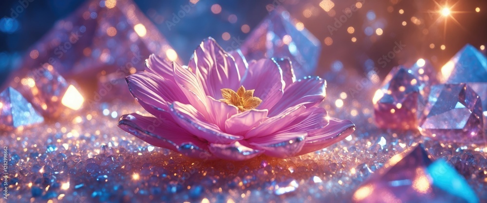 Poster pink flower on glittering surface surrounded by sparkling crystals and soft light reflecting in the 