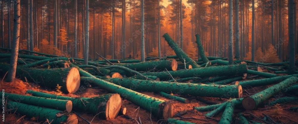Poster felled spruce trees in a deforested area highlighting the impact of logging on forest ecosystems dur