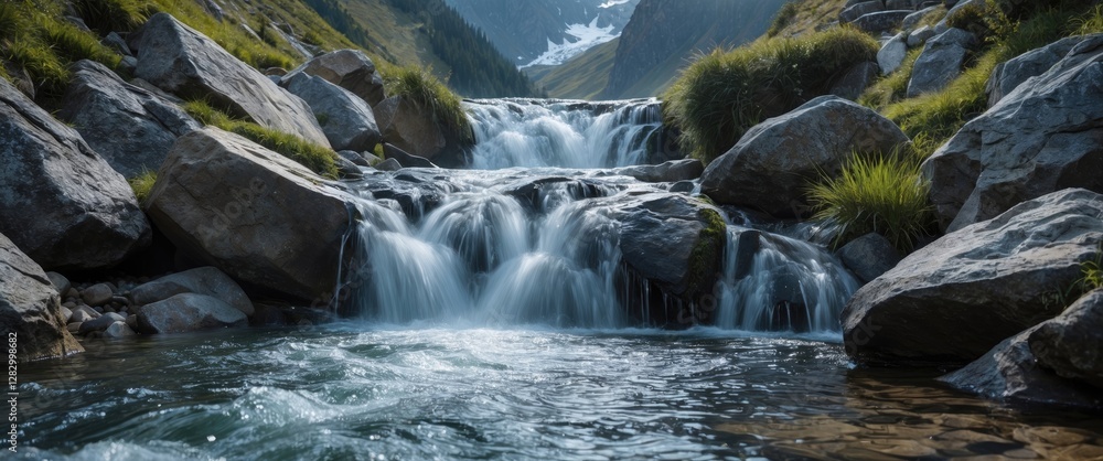Poster mountain stream flowing over rocks with lush green grass and snow-capped peaks in the background und