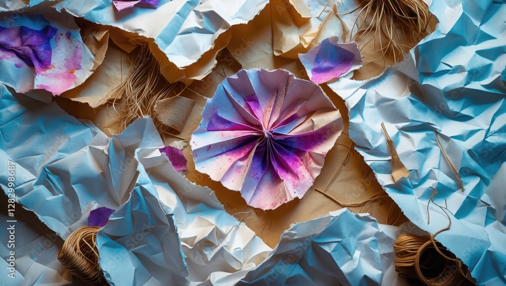Poster colorful paper flower on crumpled background featuring mixed textures and vibrant artistic elements 