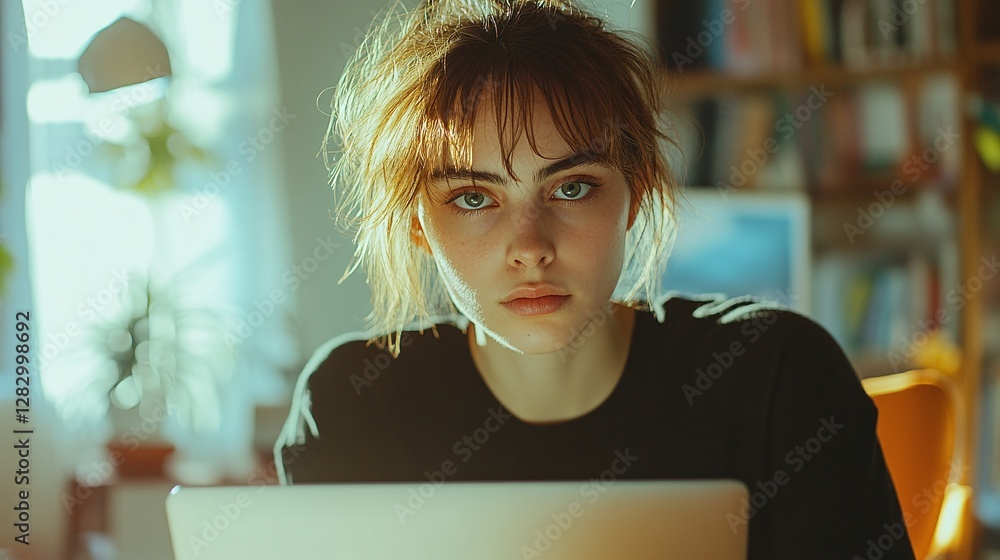 Poster focused non-binary person using laptop with serious expression, reflecting a productive attitude and