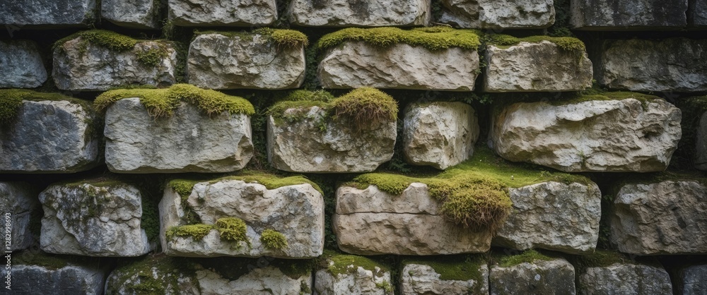 Poster ancient brick wall texture covered with dry moss creating a rustic and weathered appearance ideal fo