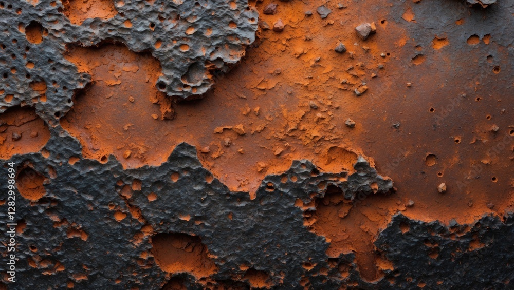 Poster close-up texture of weathered rust with peeling paint and various shades of orange and black surface