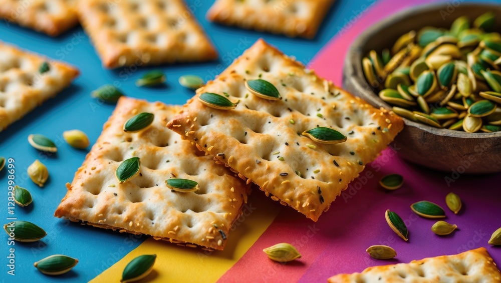 Poster Crackers topped with pumpkin seeds on colorful background with scattered seeds in focus and shallow depth of field.