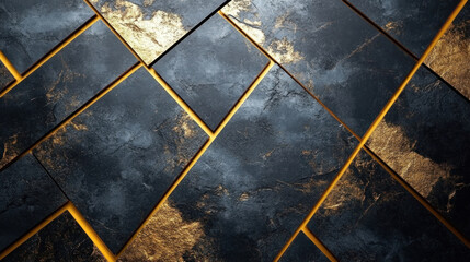 Abstract background of geometric gold lines intersecting over a black marble texture