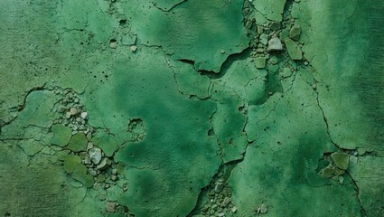 Textured green wall with cracks and peeling paint showing layers of different shades and surface imperfections