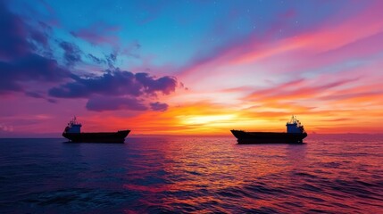 Naklejka premium Container ship of ocean concept. Stunning Sunset Over Cargo Ships on the Open Ocean