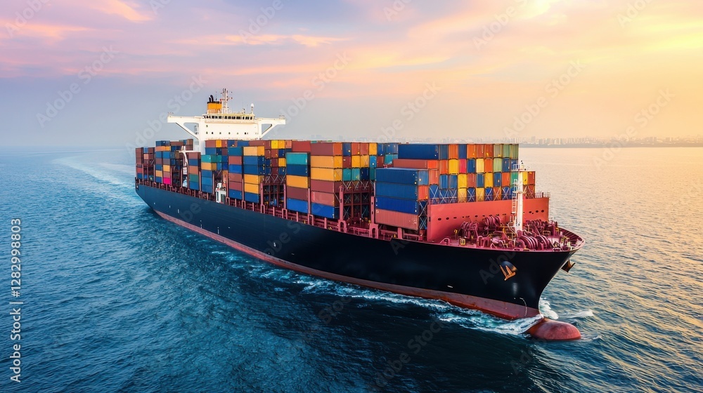 Poster container ship of ocean concept. aerial shot of colorful container ship navigating the open ocean at